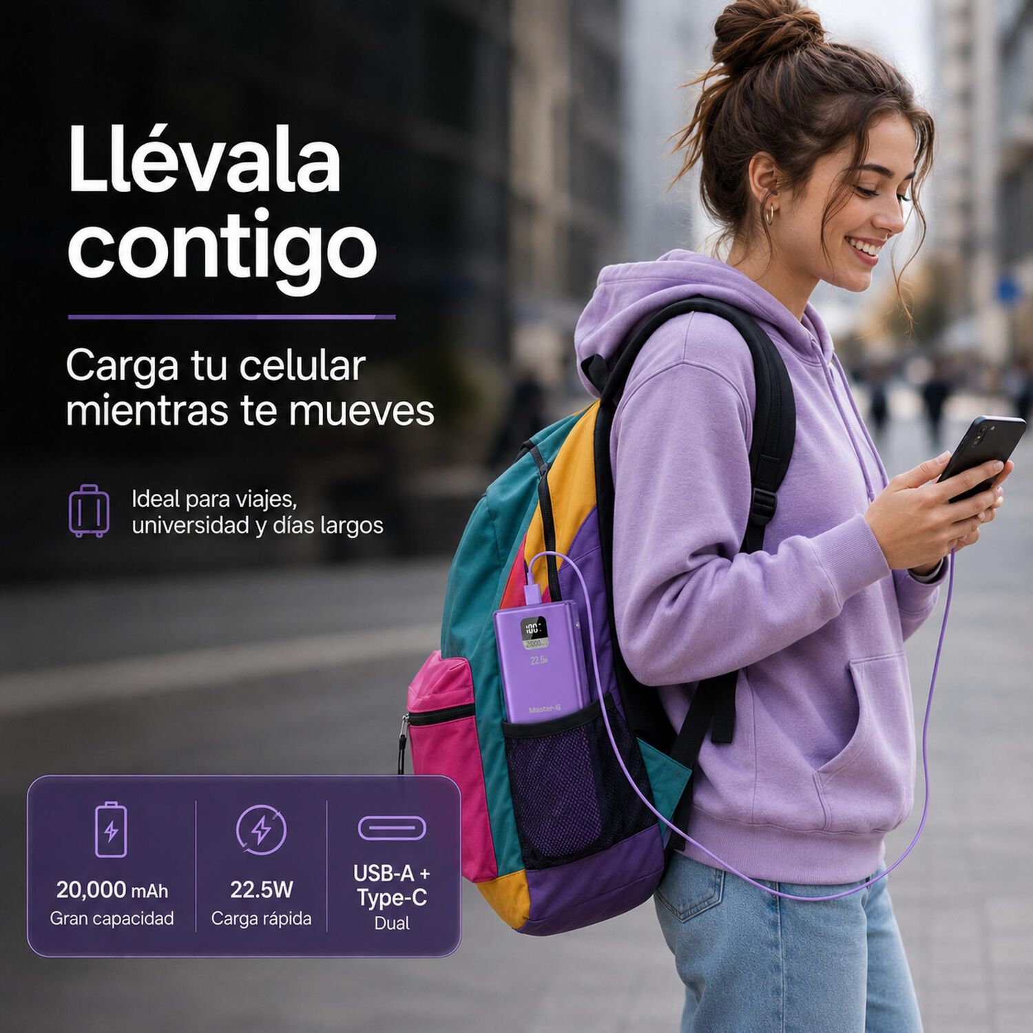 Bater&iacute;a Externa Power Bank 20000 Mah 22.5w Ucp20mpd Morada image number 4.0